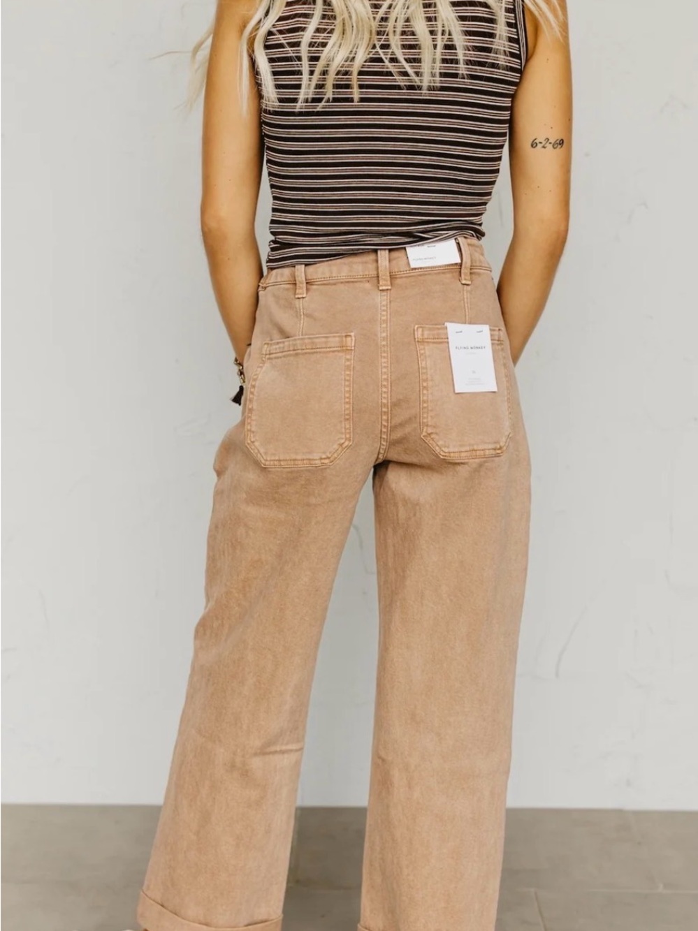 Flying Monkey Warm Taupe High Rise Tab Waistband Slim Wide Leg Jeans - Picture 2 of 11